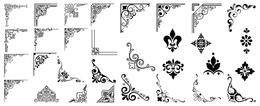 Vector illustration of decorative corner frame set. Vintage corner set.