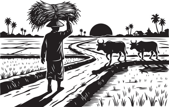 Black and white, rural landscape, farmer illustration, rice field scene, oxen, vector