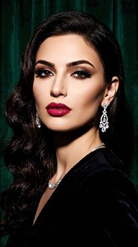 Retrato de modelo elegante con pendientes de diamantes y maquillaje glamoroso, concepto de moda premium generado por IA.