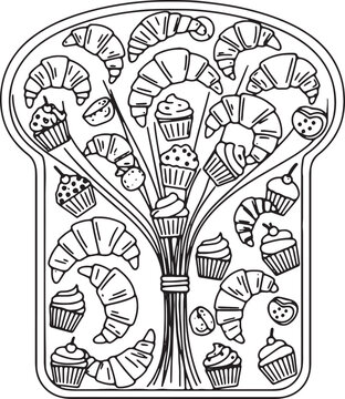 Bread Loaf and Croissants Illustration in Symmetrical Outline Design Vector Art