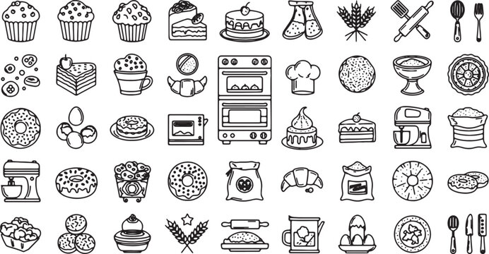 Bakery and Food Lifestyle Icon Set with Line Art Silhouettes and Kitchen Items