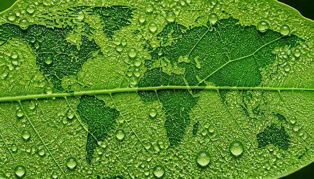 World map silhouette on a fresh green leaf with dew drops, global sustainability and ecology concept