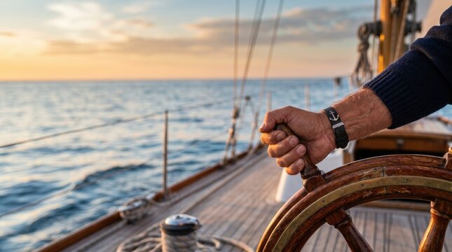 Sailor gripping the wooden helm on a sailing yacht at sunset. Nautical navigation on open sea with calm water, rigging and warm evening light.