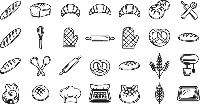 Minimal Bakery Icon Set with Bread, Pastries and Kitchen Tools Line Art