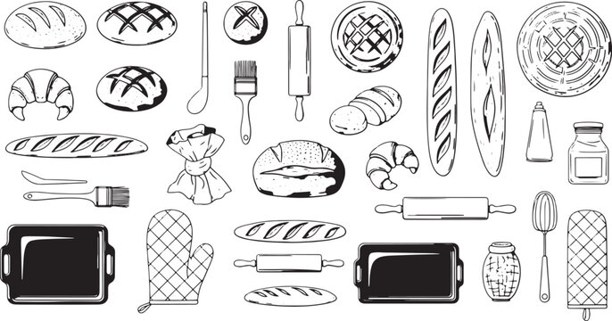 Modern Bakery Line Art Icon Set with Bread, Pastries, and Kitchen Tools in Black and White Outline Style