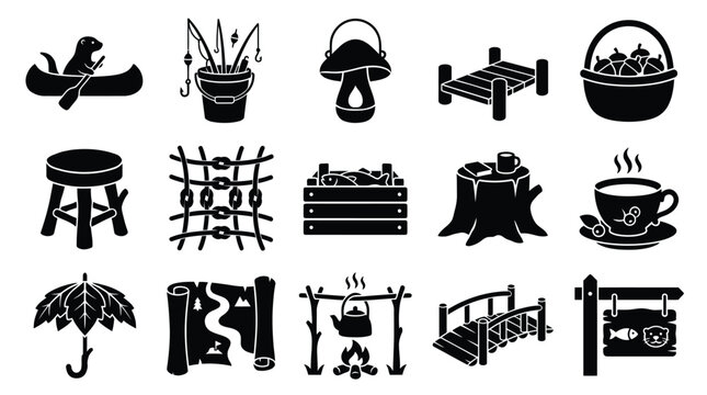 Collection of outdoor and nature-related icons, including a canoeist, fishing gear, mushroom, dock, basket, stool, net, crate, tree stump, tea cup, umbrella, map, campfire, bridge, and sign.