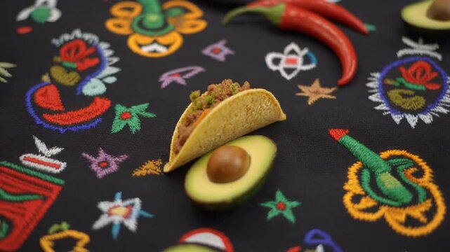Mexican Taco and Avocado on Traditional Colorful Embroidery Textile