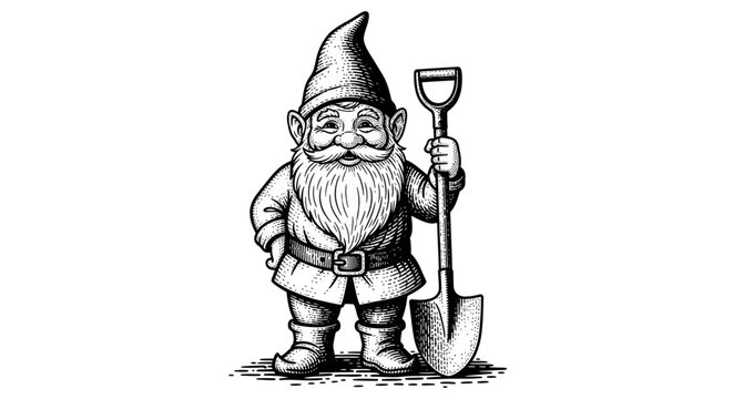 Garden Gnome with Shovel, Fantasy Character Illustration