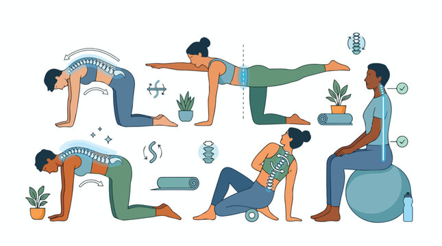 Illustration of a chiropractic treatment scene with a patient lying on a table and two practitioners performing spinal adjustments with colorful, swirling lines and leaves around them on a