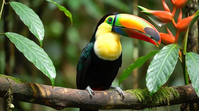 Vibrant keel billed toucan on branch with tropical flowers