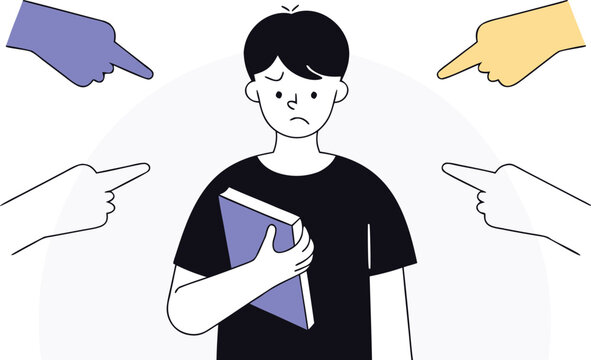 Illustration of a sad boy being pointed at by multiple hands