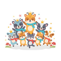 Obraz premium Cheerful cartoon animals with crowns and scarves illustration