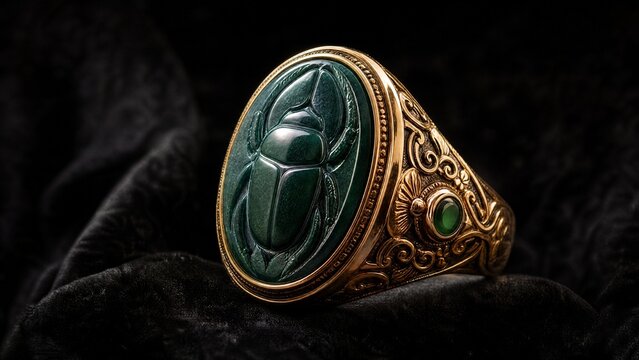 khepri. Ornate scarab beetle gemstone seal ring on black velvet with detailed carving. wildlife magazines, conservation campaigns, designed for eco-tourism storytelling, used by recruiters.