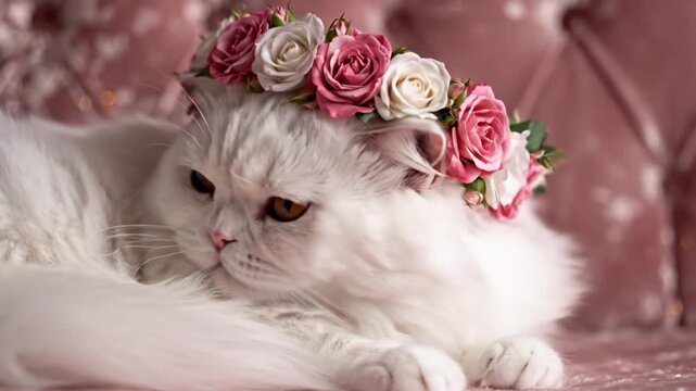 White fluffy cat with rose flower crown on pink velvet