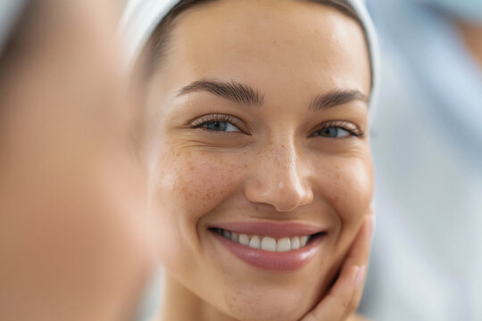 Warm smile lights up her face. Soft lighting highlights natural skin texture. Hand gently touches her cheek. Feminine, serene, and approachable expression. Ideal for skincare, wellness