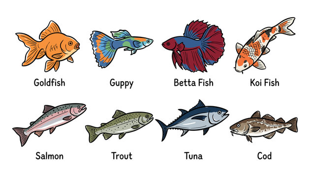 Variety of Colorful Freshwater Fish.