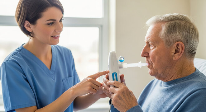 Young female nurse assisting elderly male patient with breathing treatment using a medical spirometer for respiratory therapy in a hospital clinic.