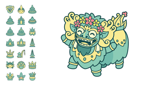 Flat vector illustration of a cute chibi Barong mythological creature with floral crown and a set of icons including Borobudur stupas, Indonesian temples, and traditional masks.