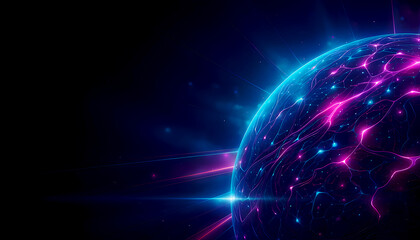 Fototapeta premium Futuristic digital planet with glowing neural network lines and energy cracks showing global artificial intelligence