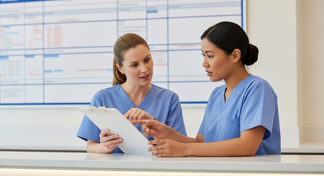 Two diverse female nurses in blue scrubs discussing patient records on a clipboard at a hospital reception desk during a busy shift