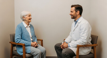 Obraz premium Smiling senior woman sitting and talking with a professional male doctor in a white lab coat during a medical consultation in a bright clinic office.