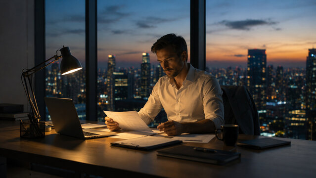 Ambitious Businessman Burning the Midnight Oil, Reviewing Reports in a Contemporary Office Overlooking a Dazzling City Skyline at Dusk