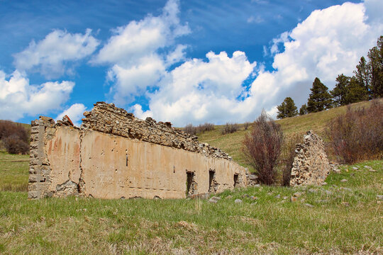 The Ruins of the General Store in the Ghost Town of Kendall Montana. Kendall was a Gold Ore Mining Town in the Early Twentieth Century in the North Moccasin Mountains of Central Montana.