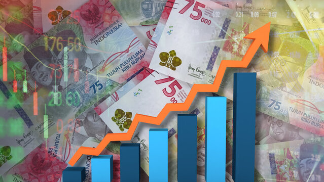 The growth of the Indonesian financial market and currency value is demonstrated with Indonesian rupiah banknotes superimposed with blue bar charts, an upward-trending orange arrow, financial 