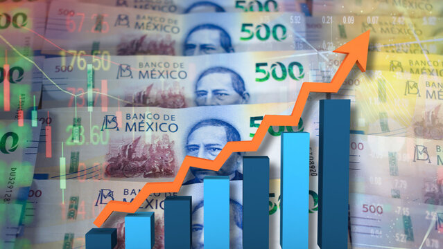 The growth of the Mexican financial market and economic stability is demonstrated with 500 Mexican peso banknotes featuring Benito Ju&aacute;rez superimposed with blue bar charts, an upward-trending orange 