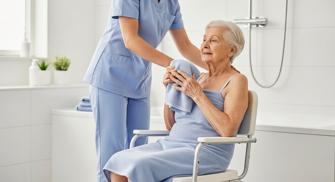 Professional caregiver helping an elderly woman in a bathroom, assisting with hygiene and drying after a shower in a home care or nursing facility.