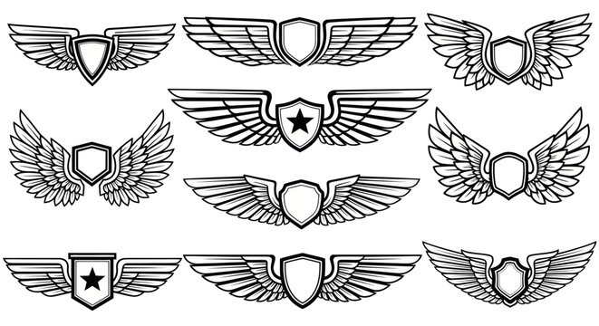 Emblem Wings Set: Shields, Badges, Crests, Avian Symbols, Heraldic Design