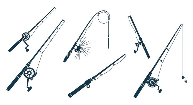 Fishing Rod Collection Silhouette - Various Angling Gear on White Background