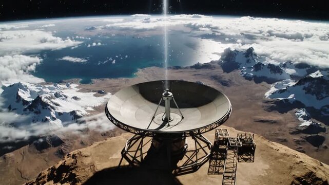 A futuristic satellite in Earth's orbit emitting a powerful laser or data beam down to a large satellite dish antenna located on a high, snowy mountain peak, symbolizing advanced space communication