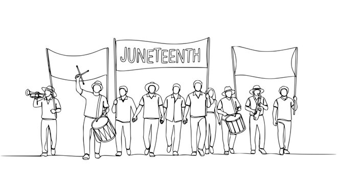 Juneteenth Celebration Parade: People Marching with Drums, Banners, and Trumpet