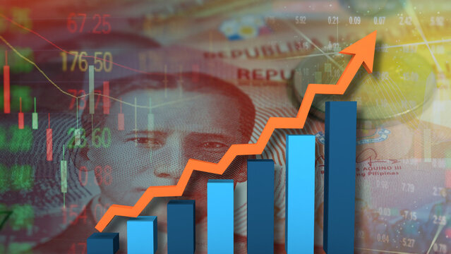 The growth of the Philippine financial market and currency value is demonstrated with Philippine peso banknotes superimposed with blue bar charts, an upward-trending orange arrow