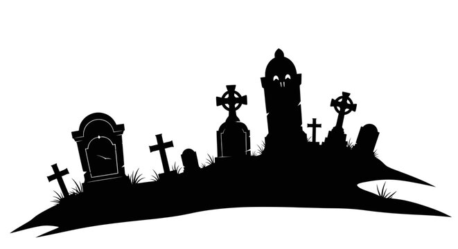 Spooky Cemetery Silhouette with Gravestones and Crosses on White Background