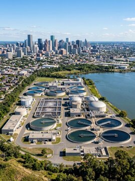 An aerial photograph showcases a large wastewater treatment facility situated along a riverbank. The facility consists of several interconnected, domed structures with circular tanks visible within.