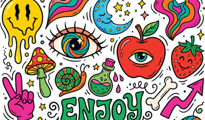 Retro Psychedelic Groovy Doodle Illustration Set with Melting Smiley Cosmic Eye Mushroom Snail Potion Apple Rainbow Moon and Surreal Neon Elements Collection © MdJillur