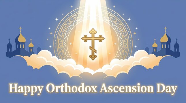 Orthodox ascension day greeting card with golden cross and church silhouettes