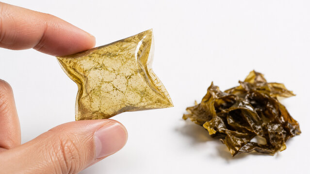 Hand presenting a convenient compressed packet of green tea or seasoning, placed beside a portion of loose, rehydrated leafy greens, illustrating the contrast between processed and traditional forms