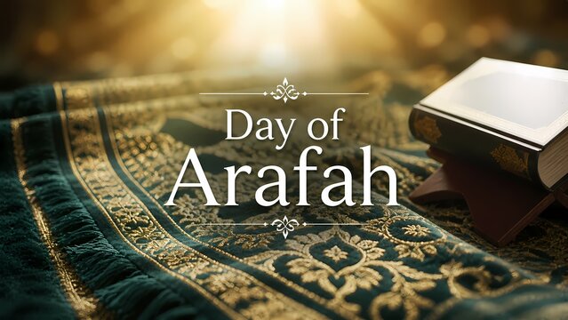 Day of arafah greeting card with quran and prayer mat