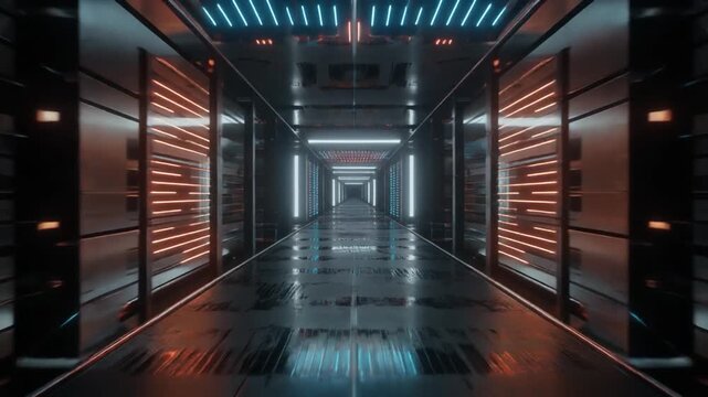 Data center server room corridor with neon horizontal ceiling lights and glowing blue panels.