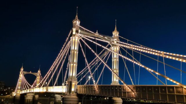 Illuminated Suspension Albert's Bridge at Night Over Calm River. Golden architectural landmark glowing beneath twilight skyline with shimmering waterfront and long exposure atmosphere during nighttime