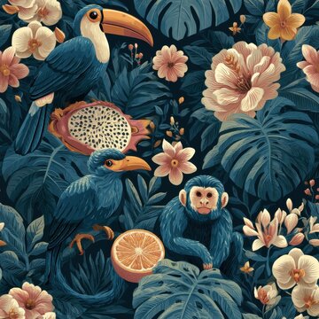 Vibrant tropical jungle pattern with exotic animals, leaves and flowers