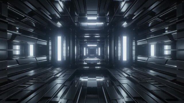 Symmetric futuristic mainframe tunnel with repetitive white led strip panels and glossy finish.