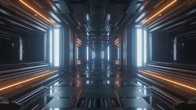 Cyberpunk database corridor with reflective server racks and glowing vertical ice blue lights.