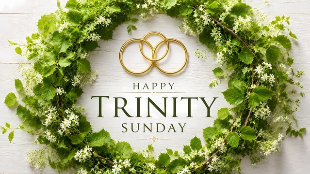 Happy trinity sunday greeting card with gold rings and a wreath of green leaves and white flowers isolated on white background