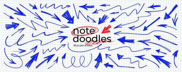 Blue ball pen doodle arrows on checkered paper background. Hand drawn vector thin and bold arrows collection. Png directional pointers set for scrapbook, collage, notes and childish school design. © Anastasiia Hevko