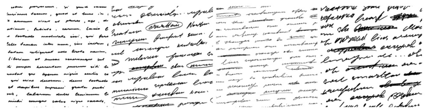 Calligraphy text script seamless pattern set. Handwriting illegible text background with strike through and messy letters. Hand drawn pen script seamless pattern. English unreadable letters.