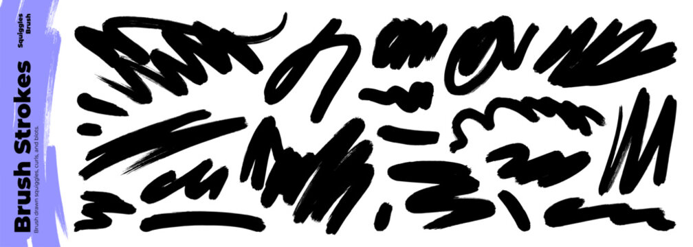 Brush drawn inky scribbles and bold strokes, curly and wavy lines. Hand drawn vector graffiti grunge brush strokes and squiggles. Png design element with dry brush texture, quirky shapes.